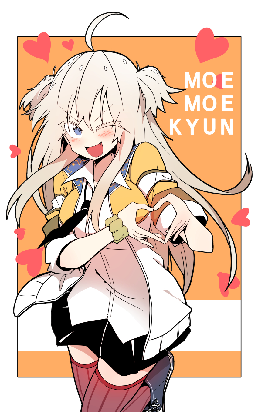 1girl, absurdres, ahoge, black_skirt, blonde_hair, blue_eyes, bural_chingu, fang