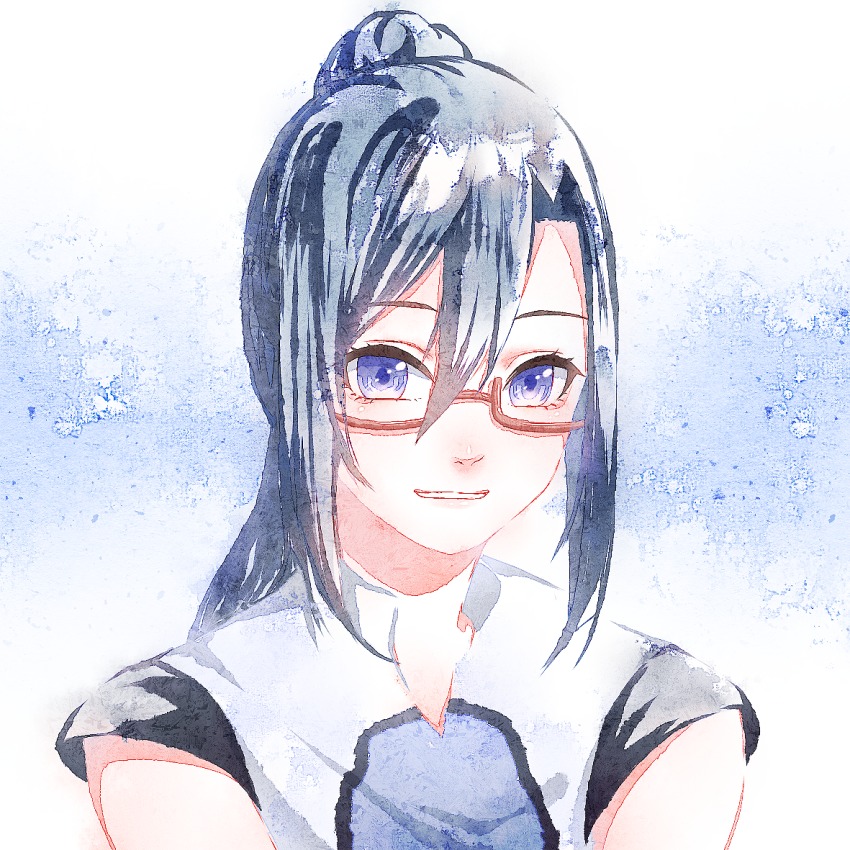 10s, 1girl, black_hair, chinese_commentary, commentary_request, female_focus, glasses, grin