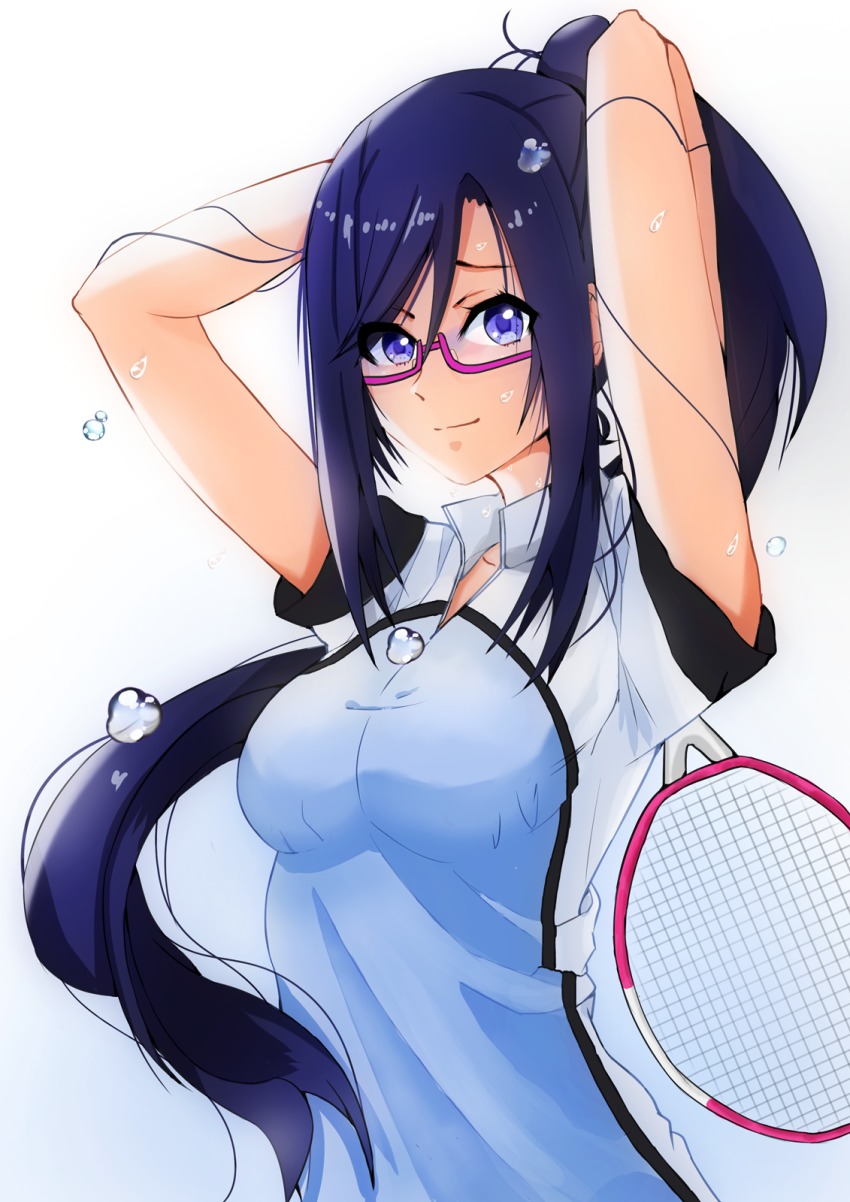 10s, 1girl, arms_behind_head, bad_id, bad_pixiv_id, badminton_racket, blue_background, blue_hair