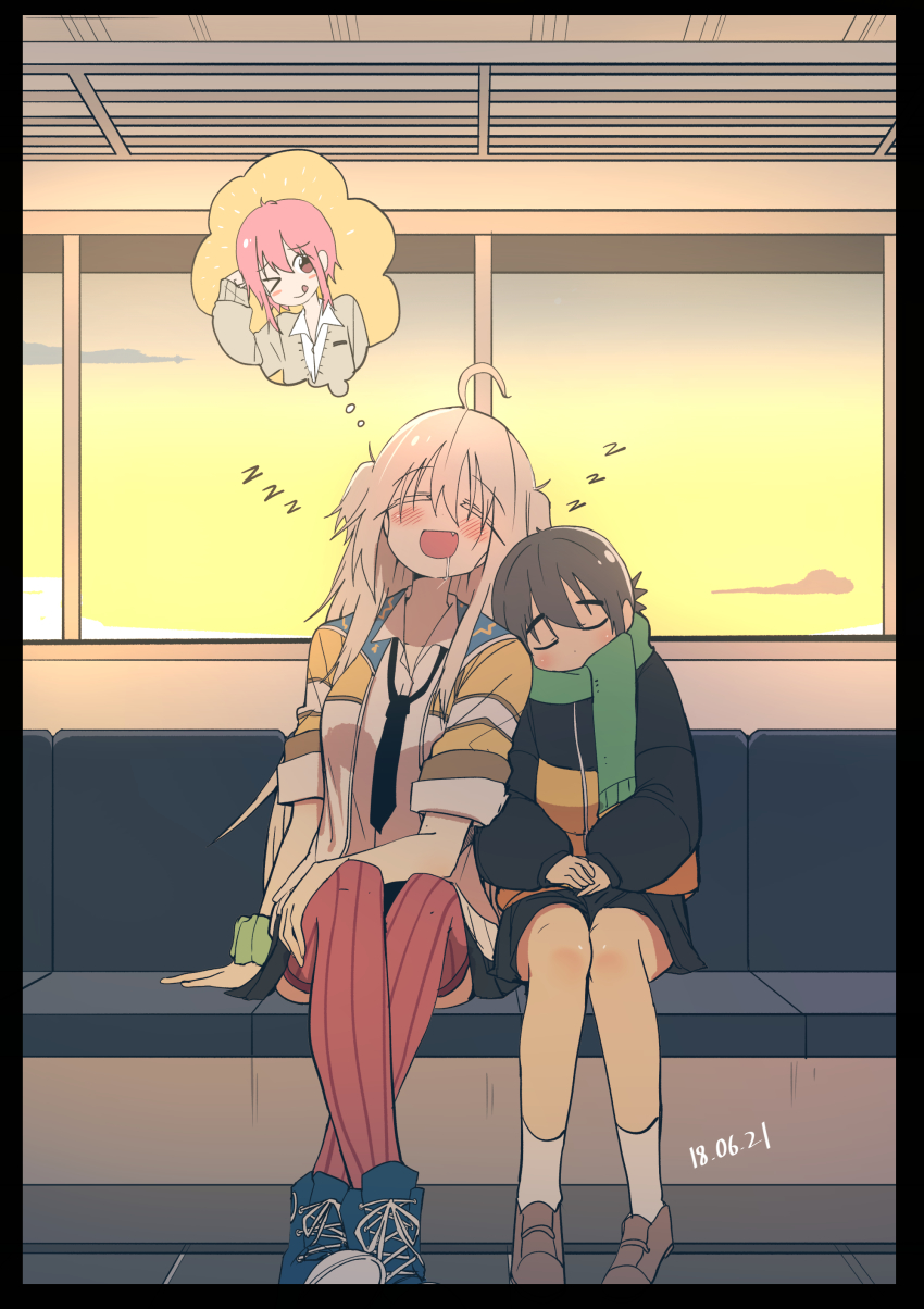 2girls, ;p, absurdres, ahoge, black_border, blonde_hair, blush, border