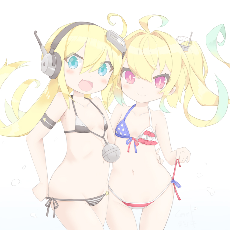 2girls, albacore_(azur_lane), albacore_(warship_girls_r), american_flag, american_flag_bikini, american_flag_print, azur_lane, bikini, blonde_hair, blue_eyes, collarbone, commentary_request, crossover, flag_print, flag_print_bikini, flat_chest, headphones, historical_name_connection, loli, long_hair, looking_at_viewer, loose_bikini, multiple_girls, murabatodenki, name_connection, navel, print_bikini, red_eyes, remodel_(warship_girls_r), simple_background, smile, swimsuit, twintails, untying, warship_girls_r, white_background