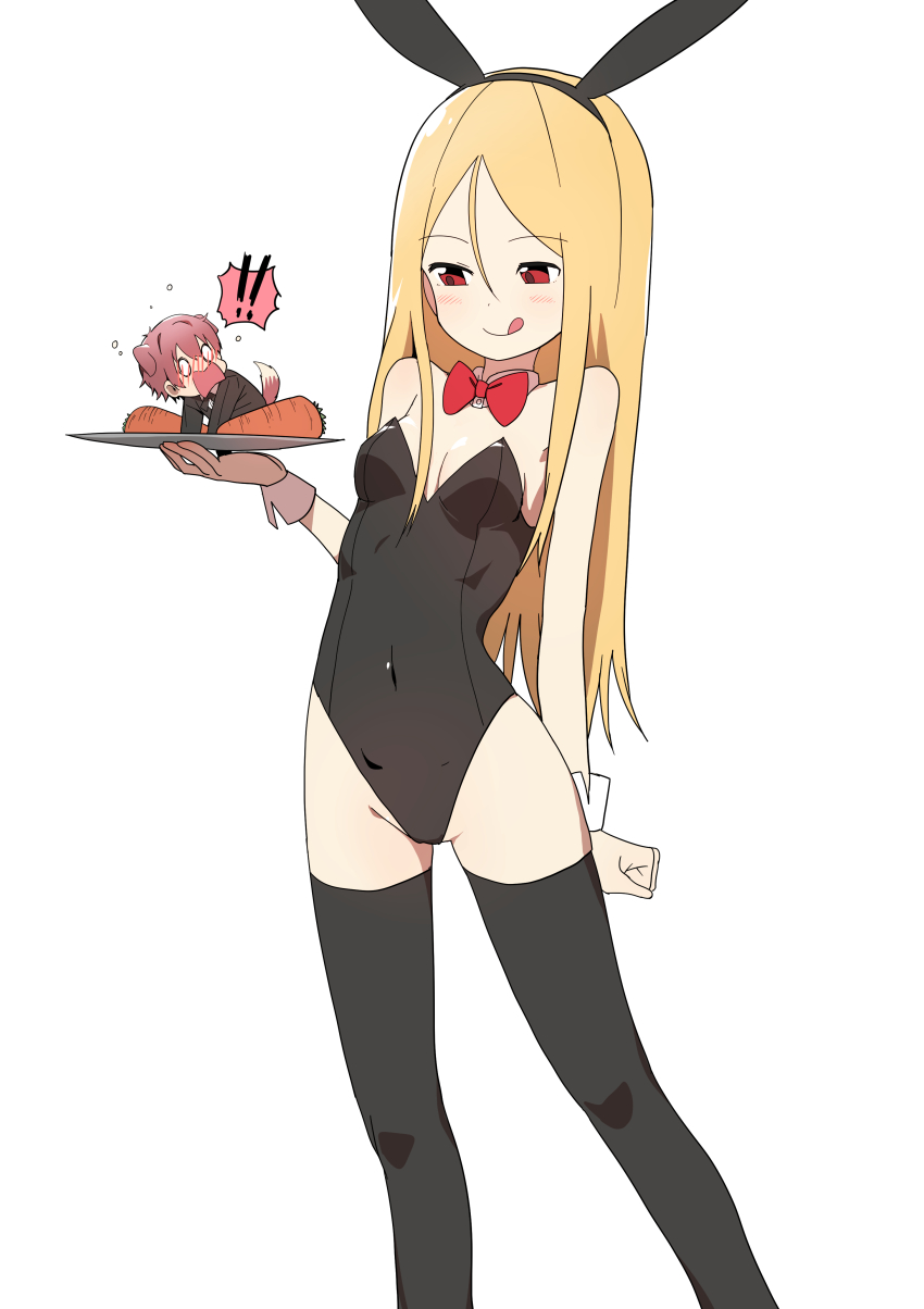!, !!, 1boy, 1girl, :p, absurdres, animal_ears, blush, bural_chingu, carrot, detached_collar, dog_boy, dog_ears, dog_tail, fake_animal_ears, han_yul, highres, lee_ji-min, long_hair, luke_(dydansgur), mini_person, miniboy, playboy_bunny, red_eyes, simple_background, tail, tongue, tongue_out, white_background, wrist_cuffs