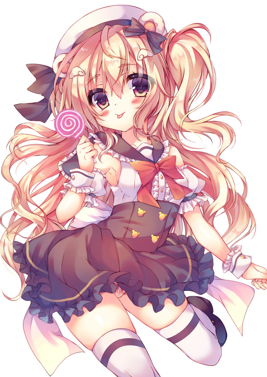 1girl, animal_ears, armpits, back_bow, bear-shaped_buttons, bear_ears, black_bow, black_footwear