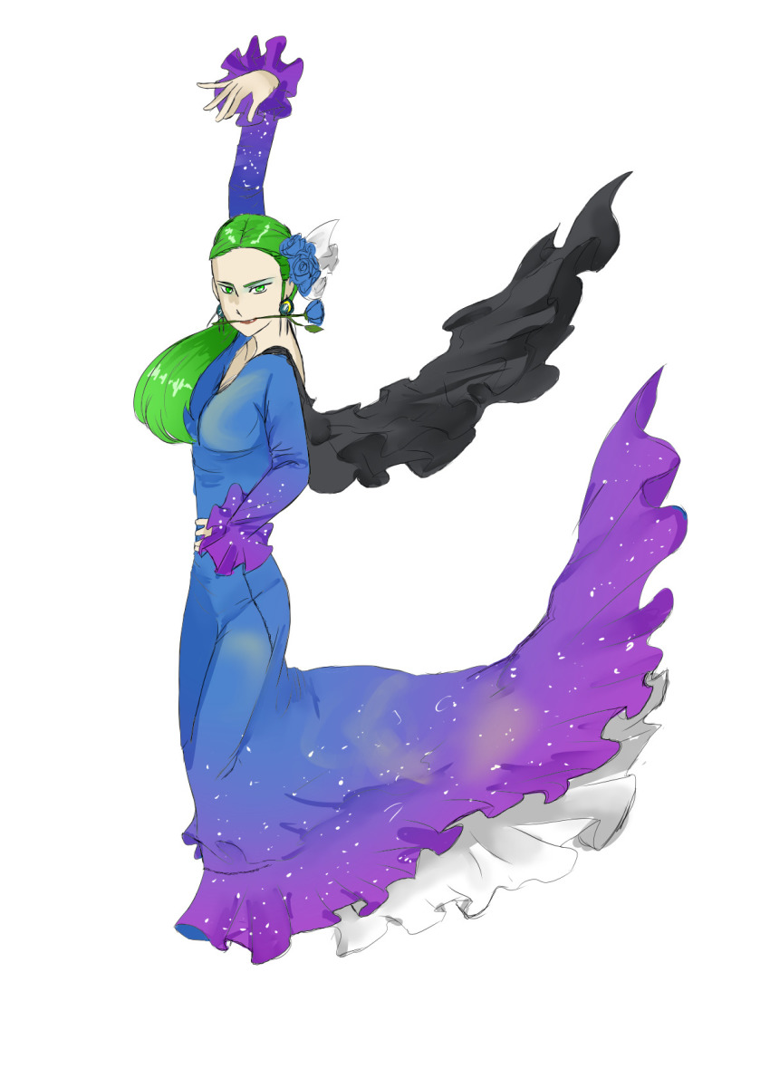 1girl, alternate_costume, alternate_hairstyle, black_cape, blue_dress, cape, dancing, dress