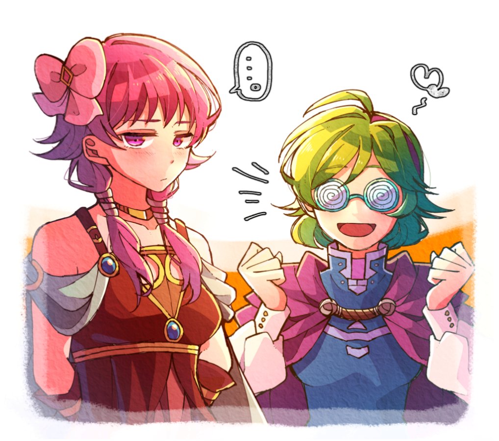 2girls, arms_behind_back, blush, bow, cape, choker, closed_mouth, coke-bottle_glasses, fire_emblem, fire_emblem:_the_blazing_blade, fire_emblem:_the_sacred_stones, fire_emblem_heroes, glasses, green_hair, hair_bow, hairband, hzk_(ice17moon), long_hair, long_sleeves, low_twintails, lute_(fire_emblem), multiple_girls, nino_(fire_emblem), nintendo, pink_bow, purple_cape, purple_eyes, purple_hair, short_hair, twintails, white_background