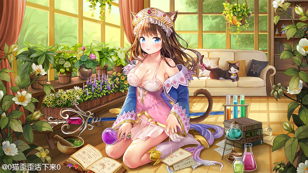 1girl, :p, animal_ears, atelier_(series), atelier_totori, blue_eyes, blush, book, bookmark, bookshelf, boots, breasts, brown_hair, cat, cat_ears, cat_tail, cosplay, couch, curtains, cushion, female_focus, flask, headdress, high_heels, indoors, long_hair, looking_at_viewer, medium_breasts, mwwhxl, on_floor, open_book, plant, potted_plant, round-bottom_flask, sitting, solo, staff, tail, test_tube, tongue, tongue_out, totooria_helmold, totooria_helmold_(cosplay), wariza, watermark, white_boots, window, wooden_floor