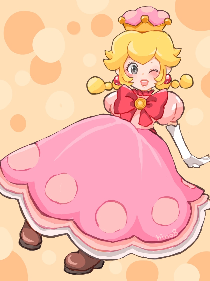 1girl, ;d, artist_name, blonde_hair, bow, brown_footwear, crown, dress, earrings, female_focus, full_body, grey_eyes, highres, hino_(8), jewelry, looking_at_viewer, mario_(series), medium_hair, new_super_mario_bros._u_deluxe, nintendo, one_eye_closed, open_mouth, peachette, pink_background, pink_dress, puffy_short_sleeves, puffy_sleeves, red_bow, short_sleeves, sitting, smile, solo, super_crown, toadette, twintails