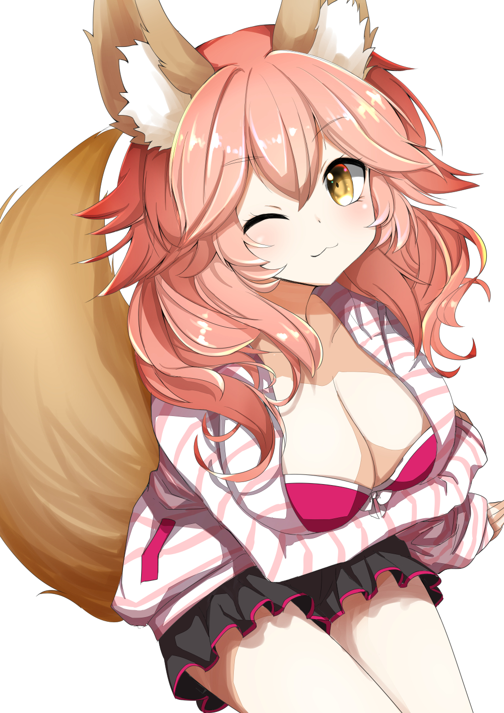 1girl, ;3, animal_ear_fluff, animal_ears, bra, breast_hold, breasts, cleavage, collarbone, fate/grand_order, fate_(series), female_focus, fox_ears, fox_girl, fox_tail, highres, large_breasts, luluhavinera, official_alternate_costume, one_eye_closed, open_clothes, open_shirt, pink_bra, pink_hair, simple_background, solo, tail, tamamo_no_mae_(fate), tamamo_no_mae_(spring_casual)_(fate), underwear, white_background, yellow_eyes