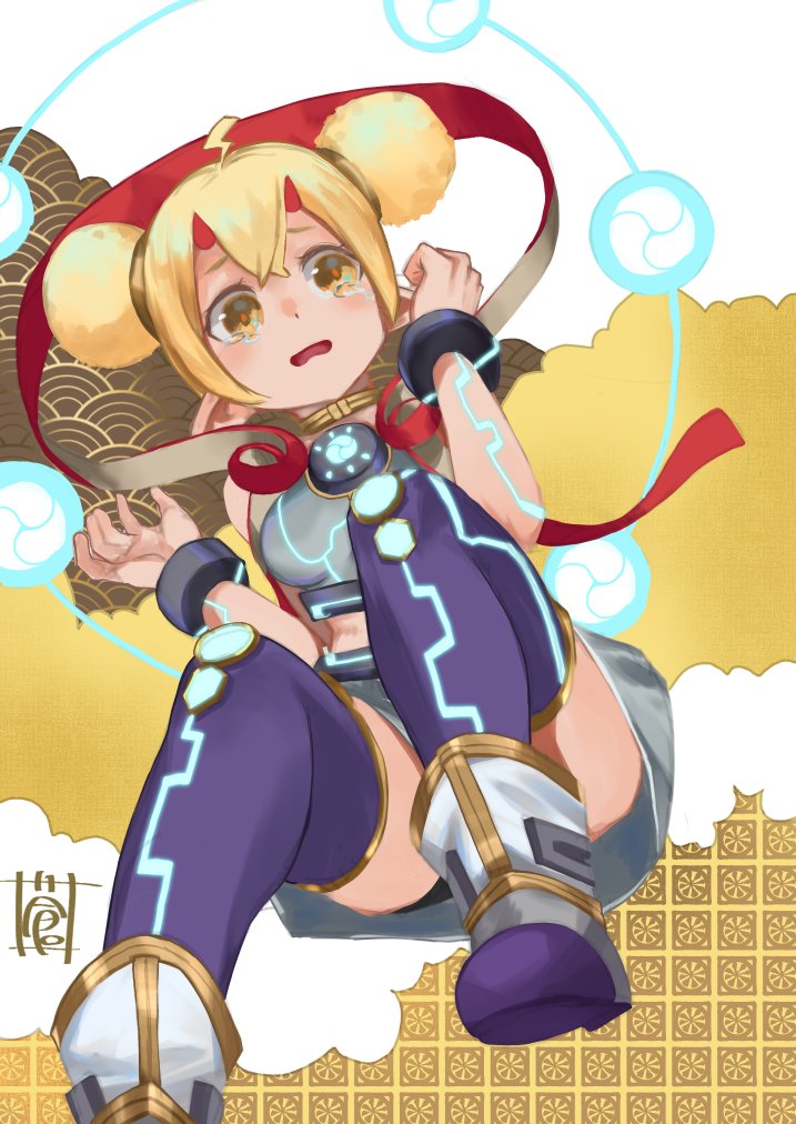 1girl, blonde_hair, blush, dress, electra_(xenoblade), electricity, horns, looking_at_viewer