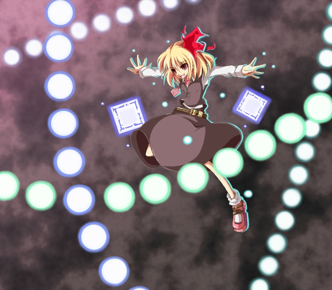1girl, belt, blonde_hair, danmaku, embodiment_of_scarlet_devil, fang, female_focus, flying