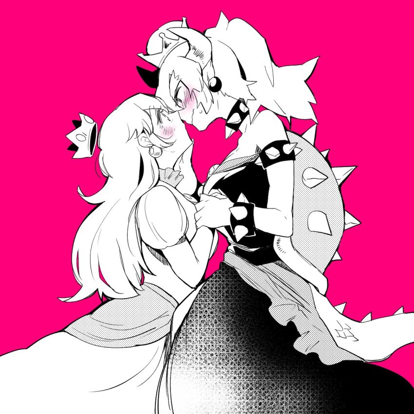 2girls, bare_shoulders, blush, borrowed_design, bowsette, bracelet, commentary_request, crown, earrings, face-to-face, from_side, height_difference, highres, holding_hands, horns, imminent_kiss, jewelry, lizard_tail, long_hair, looking_at_another, looking_down, looking_up, mario_(series), multiple_girls, neji_(ultramarinesunset), new_super_mario_bros._u_deluxe, nintendo, partially_colored, pink_background, ponytail, princess_peach, puffy_short_sleeves, puffy_sleeves, shell, short_sleeves, spiked_bracelet, spikes, super_crown, sweat, tail, wavy_mouth, yuri