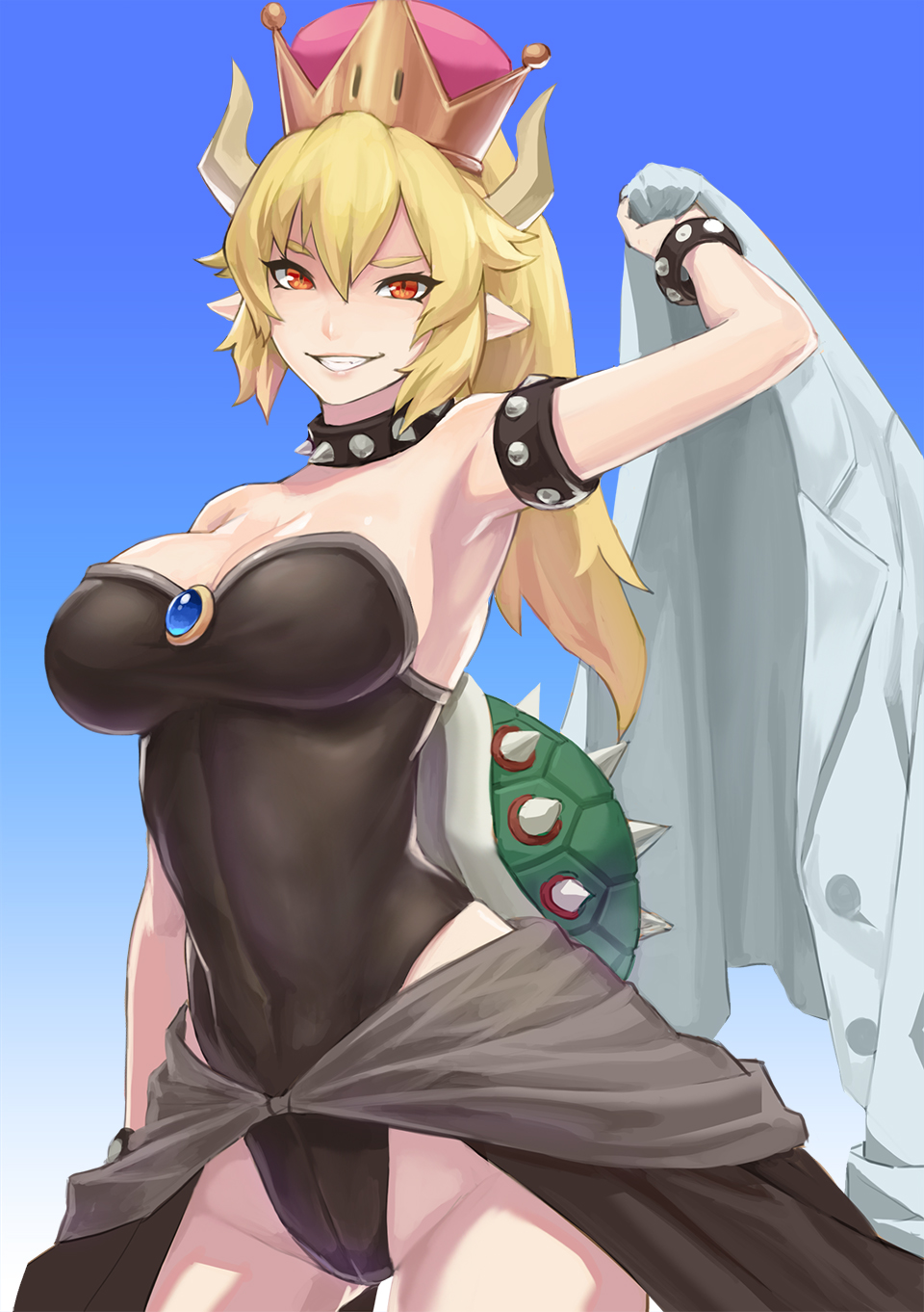 1girl, arm_up, armpits, bare_shoulders, black_leotard, blonde_hair, blue_sky, bowsette, bracelet, breasts, cleavage, collar, contrapposto, covered_navel, cowboy_shot, crown, day, fang, female_focus, groin, hand_up, highleg, highleg_leotard, highres, horns, jacket, jewelry, large_breasts, leotard, looking_at_viewer, mario_(series), new_super_mario_bros._u_deluxe, nintendo, pointy_ears, ponytail, red_eyes, scotishfold, sharp_teeth, shell, shoulder_spikes, skirt, sky, sleeveless, slit_pupils, smile, smirk, solo, spiked_bracelet, spiked_collar, spikes, standing, strapless, super_crown, teeth, waist_cape