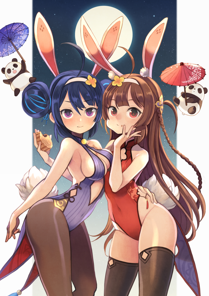2girls, ahoge, animal_ears, arched_back, azur_lane, bare_shoulders, blush, breasts