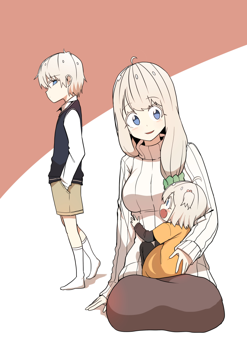 1boy, 2girls, absurdres, aged_down, ahoge, blonde_hair, blue_eyes, blush