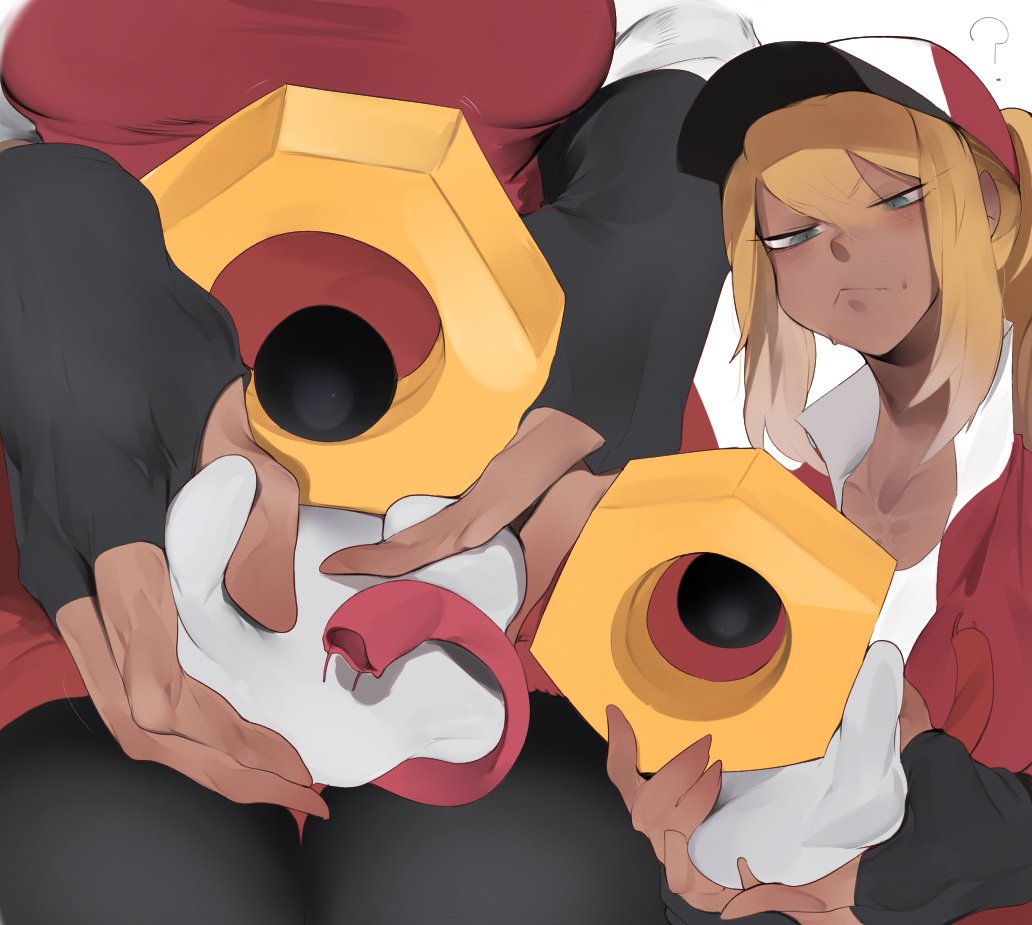 1girl, ?, bad_id, bad_twitter_id, baseball_cap, black_gloves, black_pantyhose, blonde_hair, dark_skin, female_protagonist_(pokemon_go), fingerless_gloves, g_perarikku, gen_7_pokemon, gloves, green_eyes, hat, holding, meltan, mythical_pokemon, nintendo, pantyhose, pokemon, pokemon_(creature), pokemon_go, ponytail, red_shirt, shirt