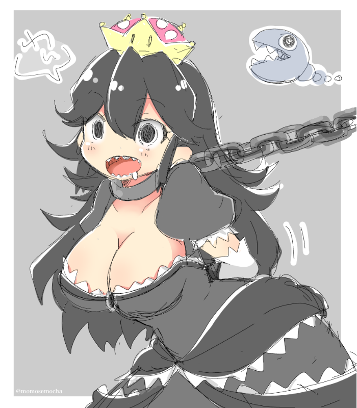 1girl, :d, black_dress, black_eyes, breasts, chain, chain_chomp, chain_leash