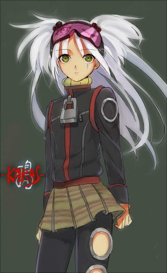 00s, 01_0219, 1girl, bad_id, bad_pixiv_id, female_focus, goggles, jacket, karas, miniskirt, pantyhose, silver_hair, skirt, solo, twintails, two_side_up, yellow_eyes, yurine_(karas), zipper