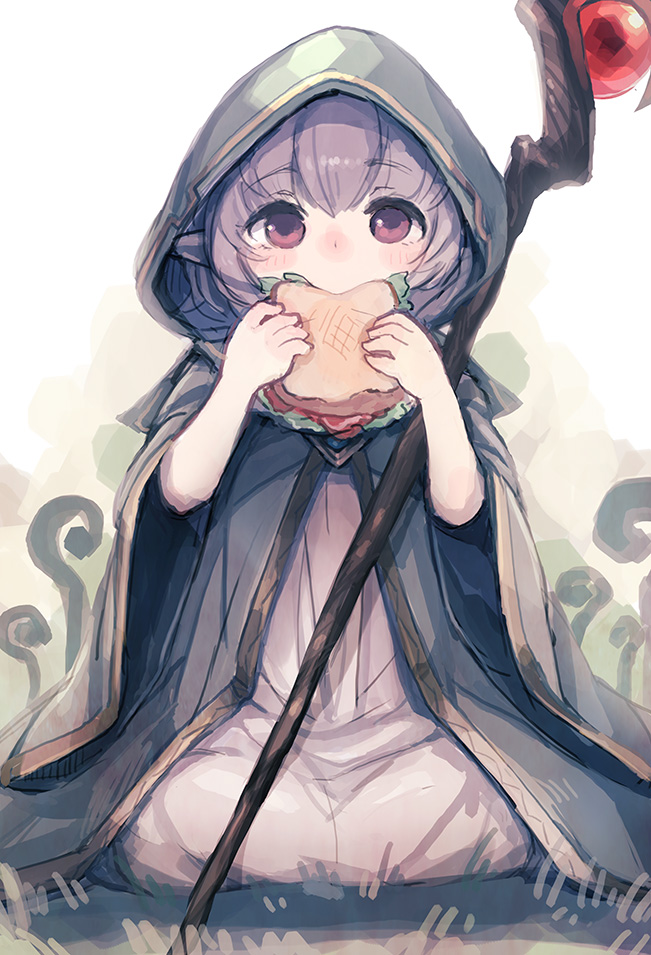 1girl, bee_(deadflow), cloak, eating, female_focus, food, granblue_fantasy, grass, holding, holding_food, hood, hood_up, hooded_cloak, looking_at_viewer, minigob, pointy_ears, purple_eyes, purple_hair, robe, sandwich, seiza, sitting, solo, staff
