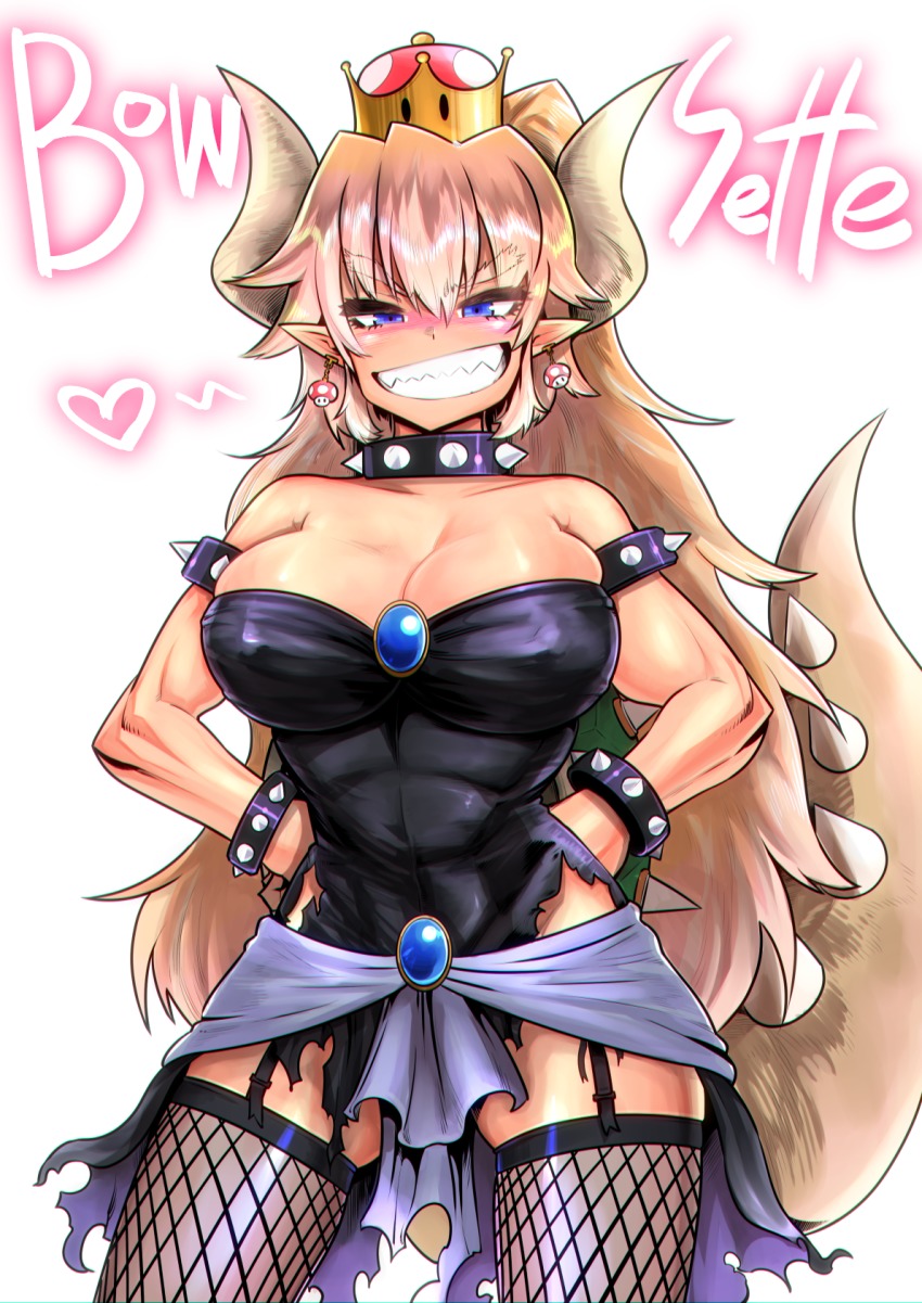 1girl, armlet, bare_shoulders, biceps, black_dress, blonde_hair, borrowed_design, bowsette, bracelet, breasts, character_name, choker, crown, dress, fishnet_thighhighs, fishnets, garter_straps, haga_souken, hands_on_own_hips, highres, horns, jewelry, large_breasts, long_hair, looking_at_viewer, mario_(series), muscular, muscular_female, new_super_mario_bros._u_deluxe, nintendo, sharp_teeth, smile, spiked_armlet, spiked_bracelet, spiked_choker, spikes, super_crown, tail, teeth, thighhighs, torn_clothes, torn_dress, turtle_shell, very_long_hair