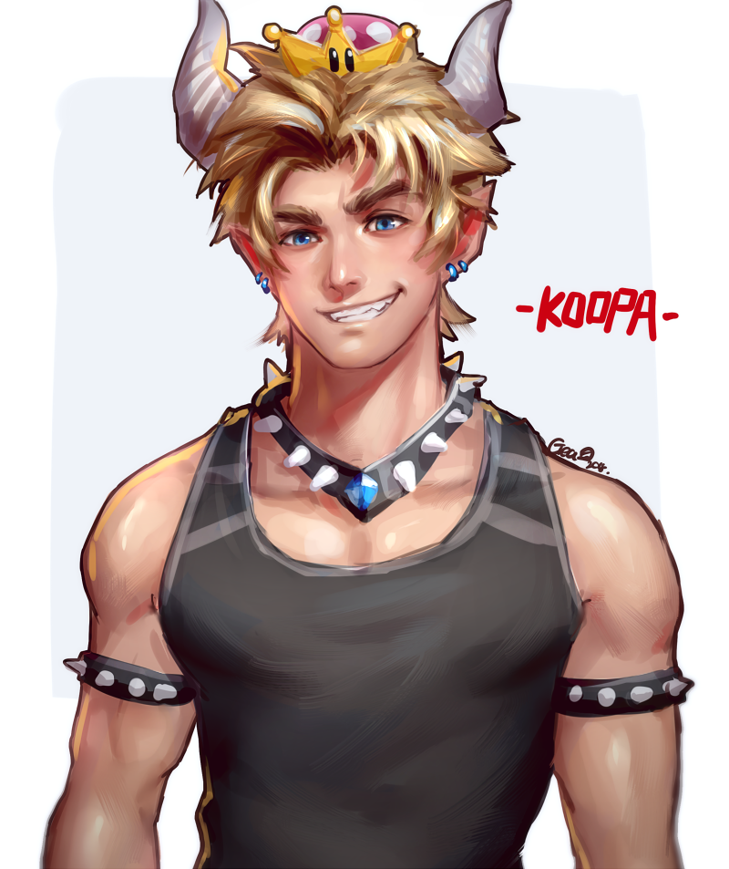 1boy, armlet, blonde_hair, blue_eyes, bowsette, collar, crown, earrings