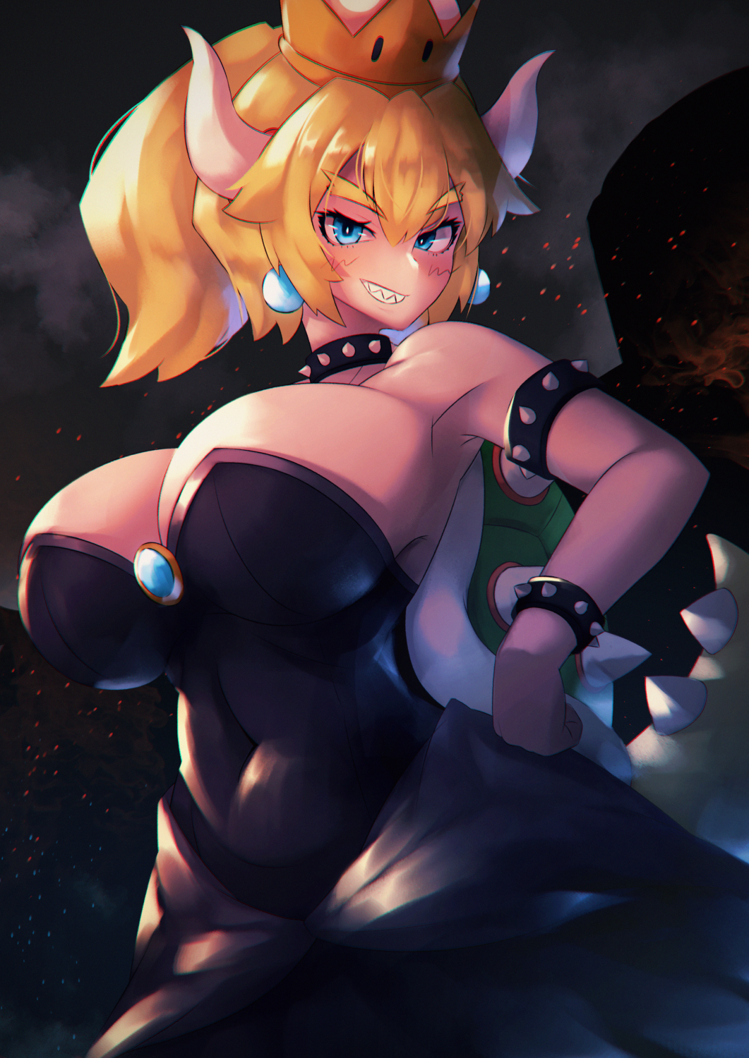 1girl, armpits, black_dress, blonde_hair, blue_eyes, blush, bowsette, bracelet