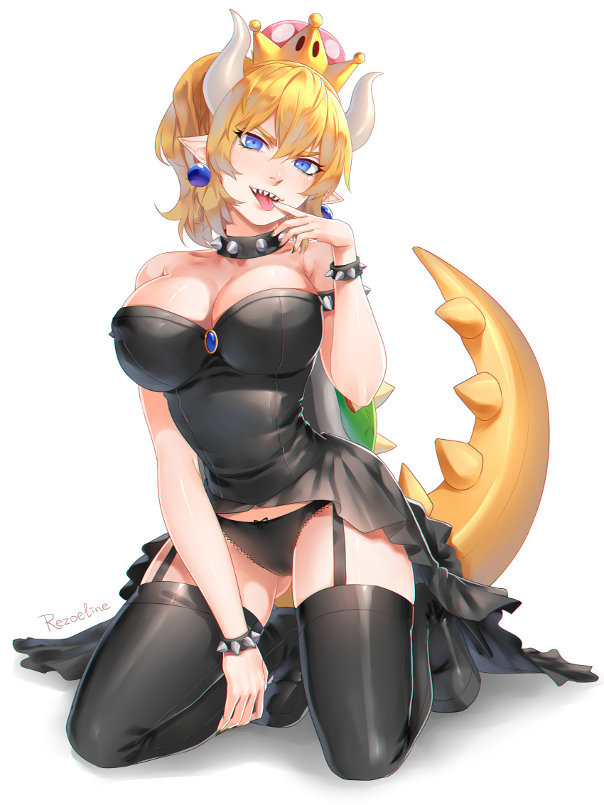 1girl, :p, absurdres, black_dress, black_panties, black_thighhighs, blonde_hair, blue_eyes