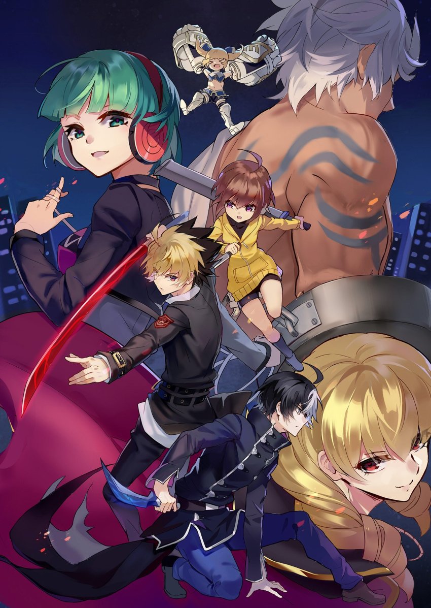 3boys, 4girls, ahoge, colored_bangs, dark-skinned_male, dark_skin, enkidu_(under_night_in-birth), erika_wagner