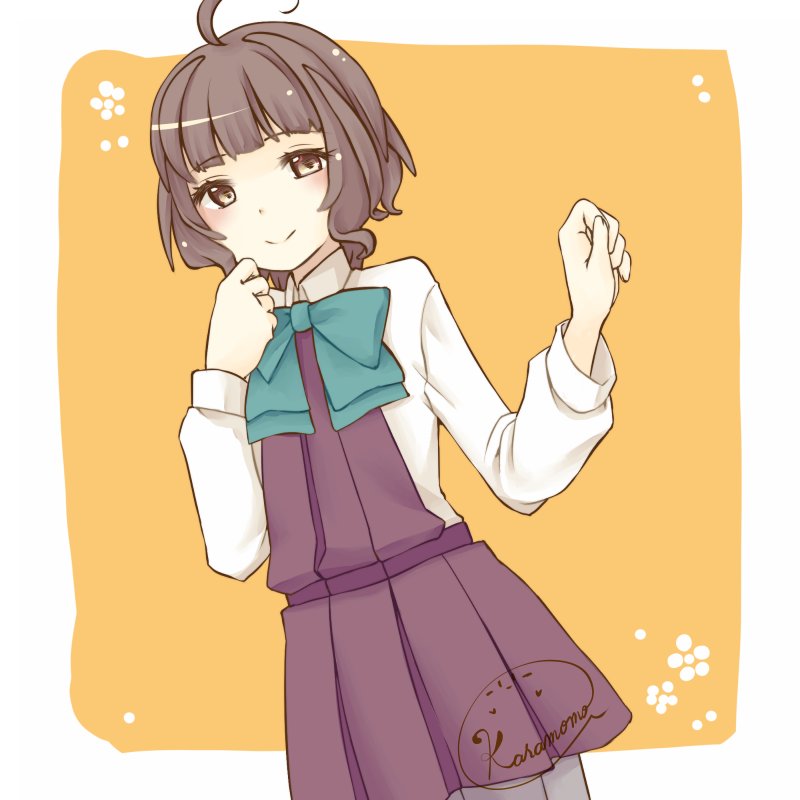 1girl, ahoge, blunt_bangs, brown_eyes, brown_hair, cowboy_shot, dress, female_focus