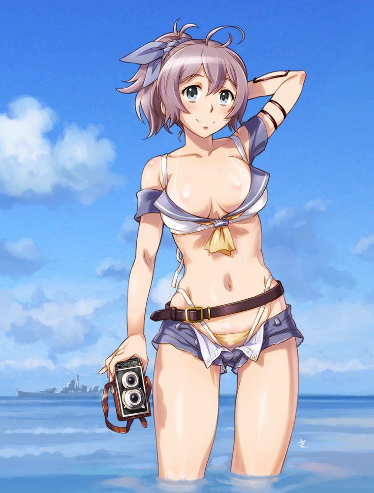 1girl, ahoge, aoba_(cruiser), aoba_(kancolle), arm_behind_head, arm_strap, belt, bikini, bikini_tan, blue_eyes, blue_shorts, blue_sky, blush, breasts, camera, cleavage, closed_mouth, cruiser, day, female_focus, groin, hair_between_eyes, hair_ornament, highleg, highleg_bikini, historical_name_connection, holding, holding_camera, imperial_japanese_navy, kantai_collection, long_hair, looking_at_viewer, messy_hair, military, military_vehicle, name_connection, navel, object_namesake, ocean, open_fly, open_mouth, outdoors, personification, ponytail, purple_hair, sameha_ikuya, scrunchie, ship, short_shorts, shorts, sidelocks, signature, sky, smile, solo, stomach, swimsuit, tan, tanline, thighs, unbuttoned, unbuttoned_pants, unzipped, vehicle_and_personification, wading, warship, water, watercraft, yellow_bikini
