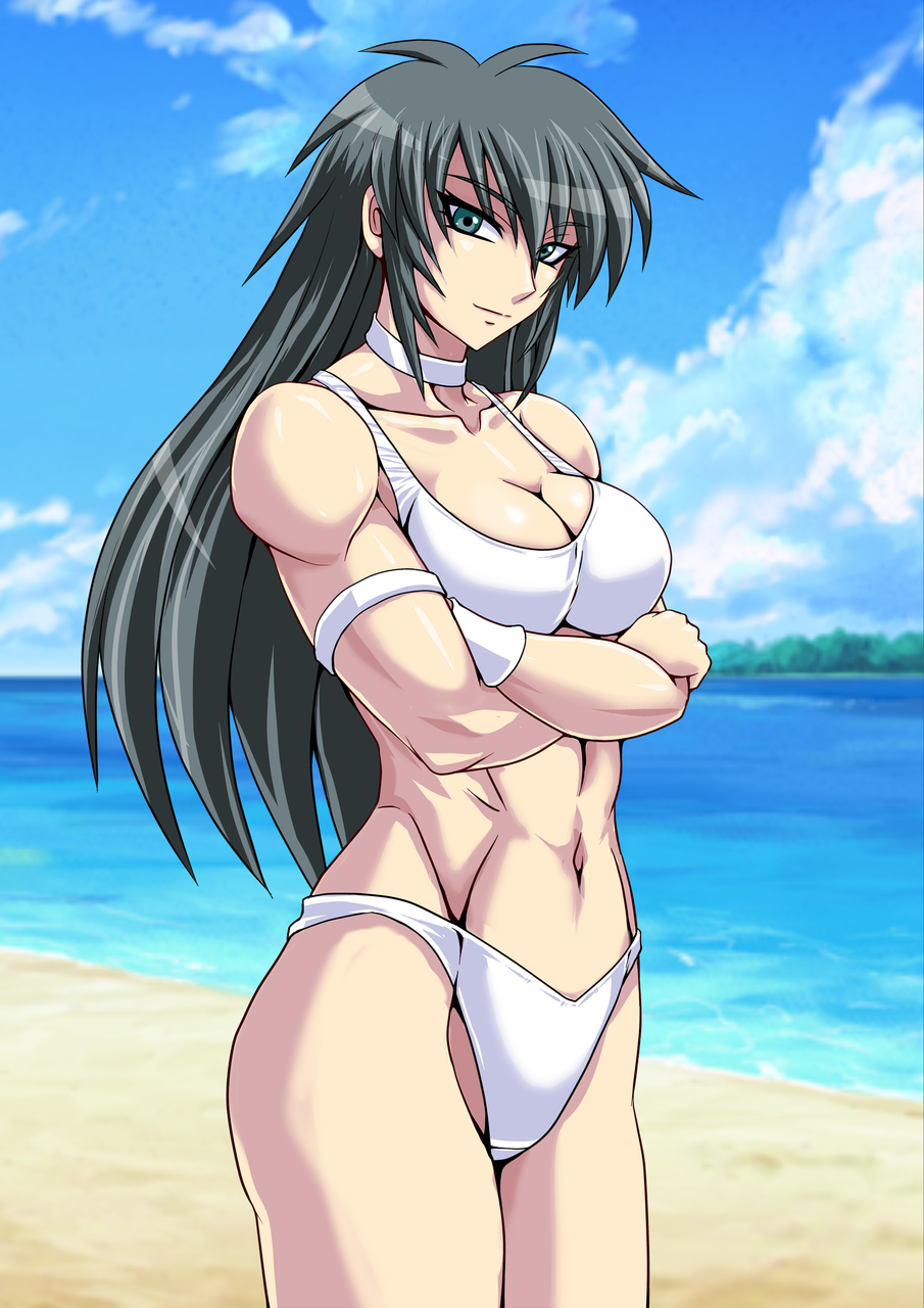 1girl, beach, bikini, black_hair, blue_eyes, female_focus, highres, long_hair