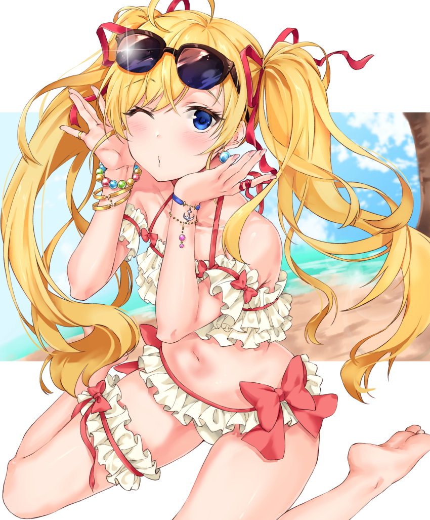 1girl, ahoge, anchor_bracelet, arm_garter, bare_legs, bare_shoulders, barefoot, beach, bikini, black-framed_eyewear, blonde_hair, blue_eyes, blue_sky, blush, bow, bracelet, collarbone, commentary, day, english_commentary, eyewear_on_head, female_focus, finger_ribbon, fingernails, frilled_bikini, frilled_thigh_strap, frills, hair_ribbon, hands_up, highres, jewelry, layered_bikini, lens_flare, long_hair, nail_polish, navel, ocean, one_eye_closed, original, outside_border, over-rim_eyewear, pearl_bracelet, pink_nails, pouty_lips, red_bow, red_ribbon, ribbon, ring, semi-rimless_eyewear, sirurabbit, sitting, sky, solo, sunglasses, sunlight, swimsuit, thigh_strap, twintails, very_long_hair, wariza, white_bikini
