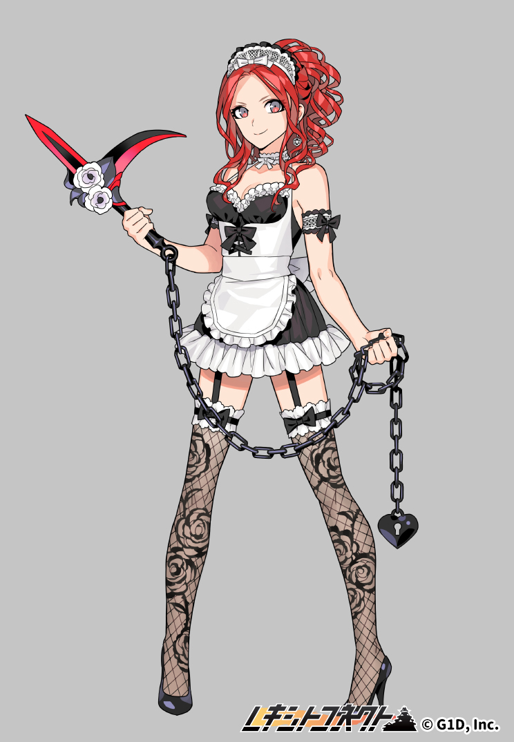 1girl, apron, armband, bare_shoulders, black_shoes, black_thighhighs, breasts, chain, copyright_name, female_focus, floral_print, frills, full_body, garter_straps, grey_background, high_heels, holding, holding_weapon, lock, long_hair, looking_at_viewer, maid, maid_apron, maid_headdress, medium_breasts, official_art, pota_(bluegutty), red_eyes, red_hair, reki_connect, shoes, sickle, simple_background, smile, solo, standing, thighhighs, watermark, wavy_hair, weapon