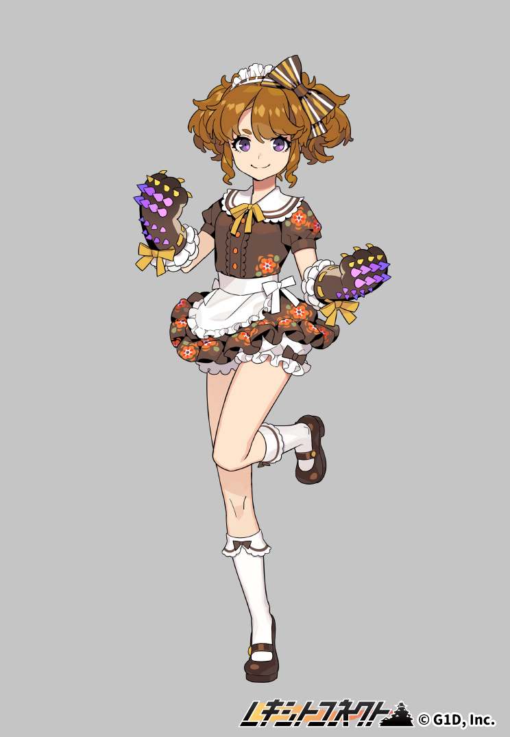 1girl, alternate_costume, black_footwear, bow, brown_bow, brown_hair, copyright_name, female_focus