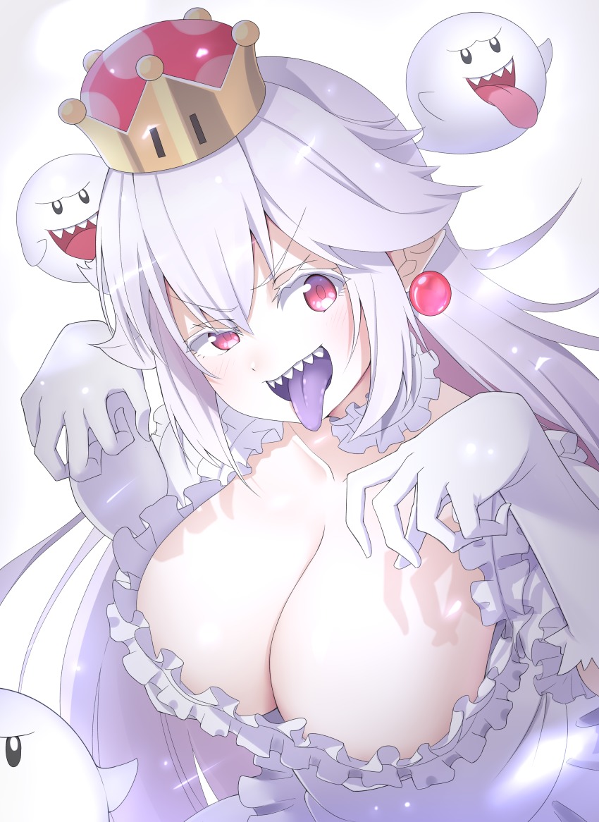 1girl, absurdres, blush, boo_(mario), breasts, claw_pose, cleavage, collar