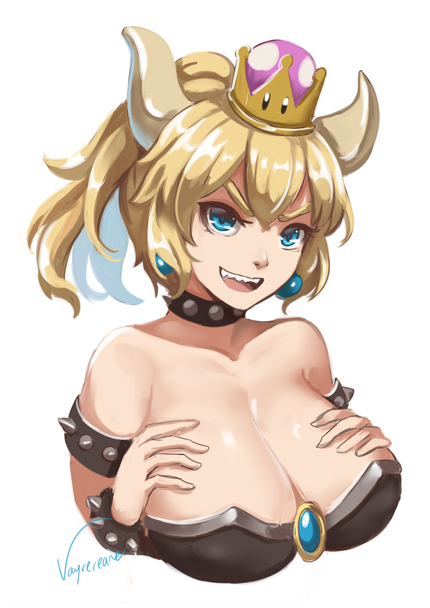 1girl, bare_shoulders, blonde_hair, blue_eyes, bowsette, bracelet, breasts, cleavage