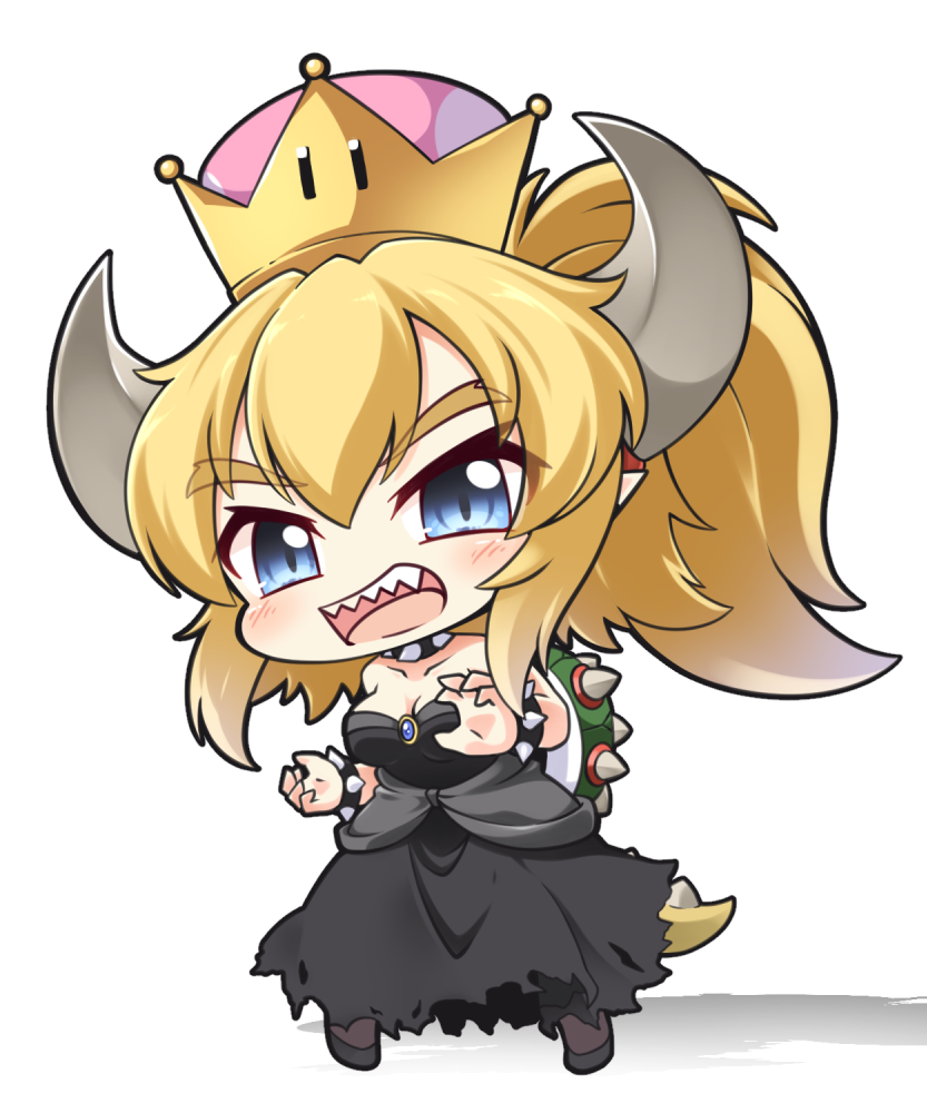 1girl, :d, black_dress, black_footwear, blonde_hair, blue_eyes, blush, bowsette