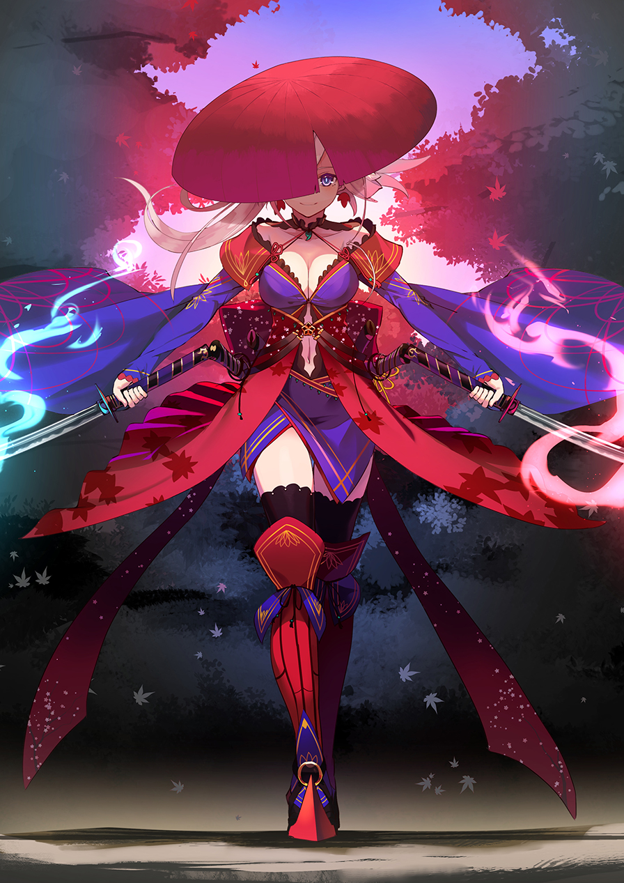 1girl, ajirogasa, asymmetrical_hair, autumn_leaves, black_thighhighs, blue_eyes, blue_kimono, clothing_cutout