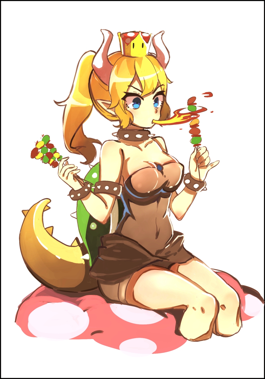 1girl, bad_id, bad_pixiv_id, blonde_hair, blue_eyes, bowsette, bracelet, breasts, breath_weapon, breathing_fire, cleavage, collar, crown, dress, fire, food, highres, horns, jewelry, koopa_shell, large_breasts, lizard_tail, mario_(series), miteru_yujian, new_super_mario_bros._u_deluxe, nintendo, pointy_ears, shish_kebab, spiked_bracelet, spiked_collar, spiked_shell, spiked_tail, spikes, super_crown, tail