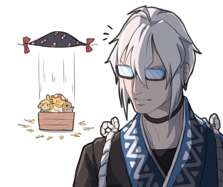 1boy, ahoge, black_choker, bongo_cat_(character), bongo_cat_(meme), choker, crate, dropping