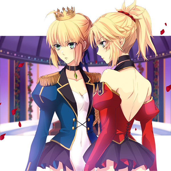 2girls, ahoge, alternate_costume, artoria_pendragon_(fate), back, bare_shoulders, black_skirt, blonde_hair, braid, breasts, bun_with_braided_base, collar, collarbone, commentary_request, crown, epaulettes, fate/grand_order, fate_(series), flower, green_eyes, hair_bun, jewelry, miniskirt, mordred_(fate), mordred_(fate/apocrypha), multiple_girls, okurabaakaa, petals, ponytail, rose, rose_petals, saber_(fate), short_hair, skirt, small_breasts