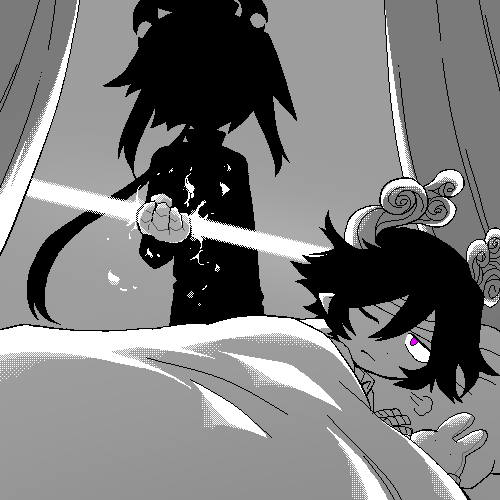 2boys, funamusea, funamusea_(artist), greyscale, haiiro_teien, horns, impending_doom, ivlis