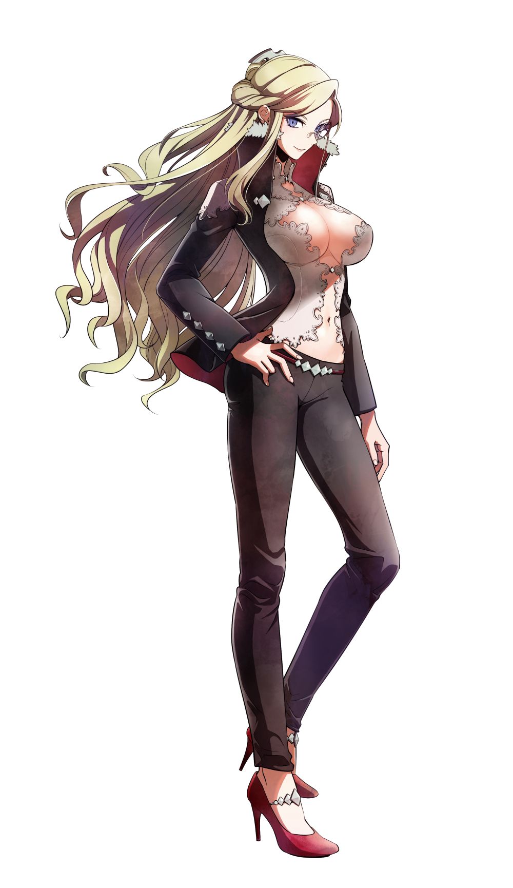 10s, 1girl, blonde_hair, blue_eyes, braid, breasts, cleavage, female_focus, full_body, god_eater, god_eater_3, high_heels, highres, hilda_henriquez, large_breasts, long_hair, navel, official_art, parted_bangs, revealing_clothes, simple_background, solo, standing, stomach, tagme, white_background