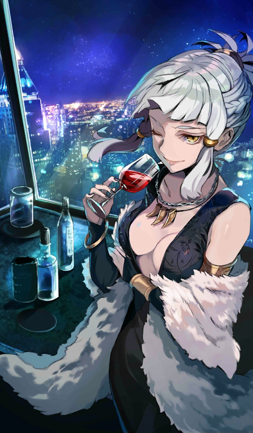 1girl, alcohol, black_dress, black_gloves, black_nails, bottle, bracelet, braid, breasts, bridal_gauntlets, building, cleavage, coat, collarbone, craft_essence_(fate), cup, dress, drinking_glass, elbow_gloves, fate/grand_order, fate_(series), female_focus, french_braid, fur_coat, gloves, grey_hair, hair_tubes, hair_up, holding, holding_cup, jewelry, long_dress, medium_breasts, nail_polish, necklace, night, official_art, penthesilea_(fate), penthesilea_(shining_skyscrapers)_(fate), pokimari, short_hair, sidelocks, sky, skyline, skyscraper, solo, window, wine, wine_glass, yellow_eyes