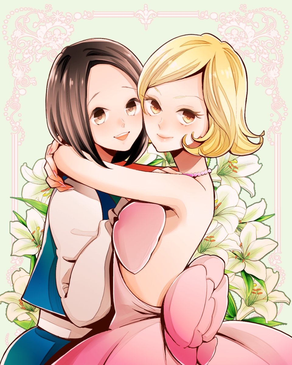 2girls, :d, artist_request, bare_shoulders, blonde_hair, brown_eyes, brown_hair, choker