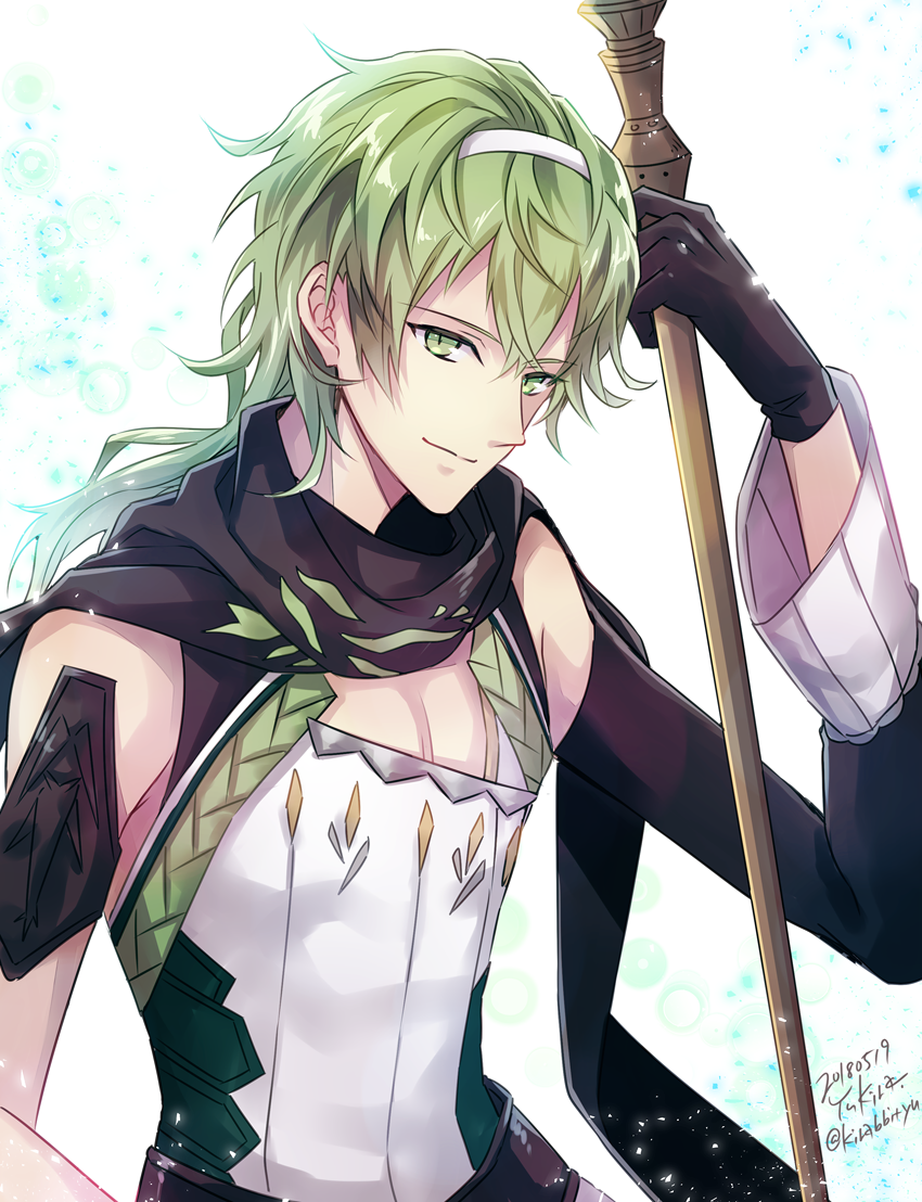 1boy, black_gloves, black_scarf, closed_mouth, commentary_request, david_(fate), david_(third_ascension)_(fate), fate/grand_order, fate_(series), gloves, green_eyes, green_hair, hair_ornament, hairband, holding, holding_staff, long_hair, looking_at_viewer, male_focus, scarf, signature, smile, solo, staff, tiara, yuuzuki_lily