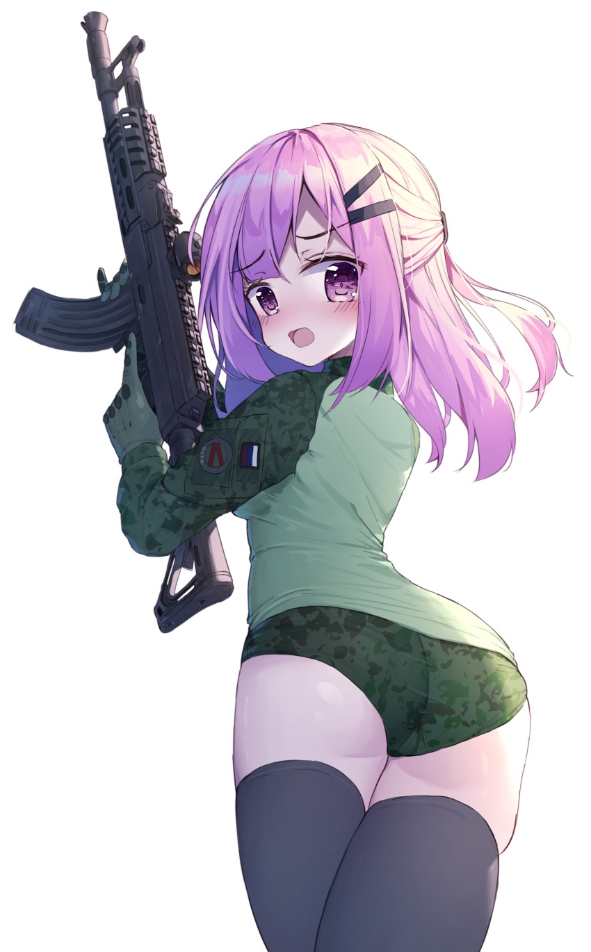 1girl, absurdres, ak-104, ass, assault_rifle, blush, breasts, camouflage