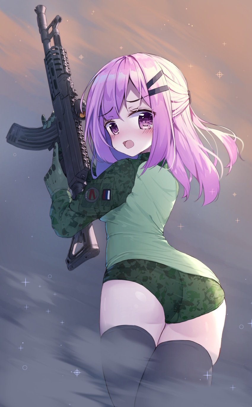 1girl, absurdres, ak-104, ass, assault_rifle, blush, breasts, camouflage