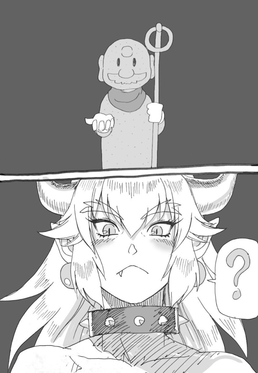 1girl, ?, blush, bowsette, collar, comic, fang, greyscale