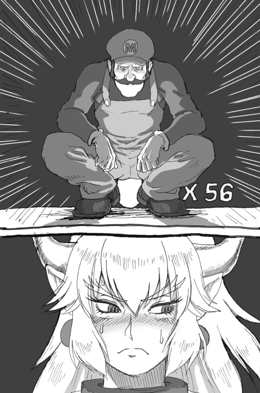 1boy, blush, bowsette, closed_mouth, comic, earrings, facial_hair, gloves