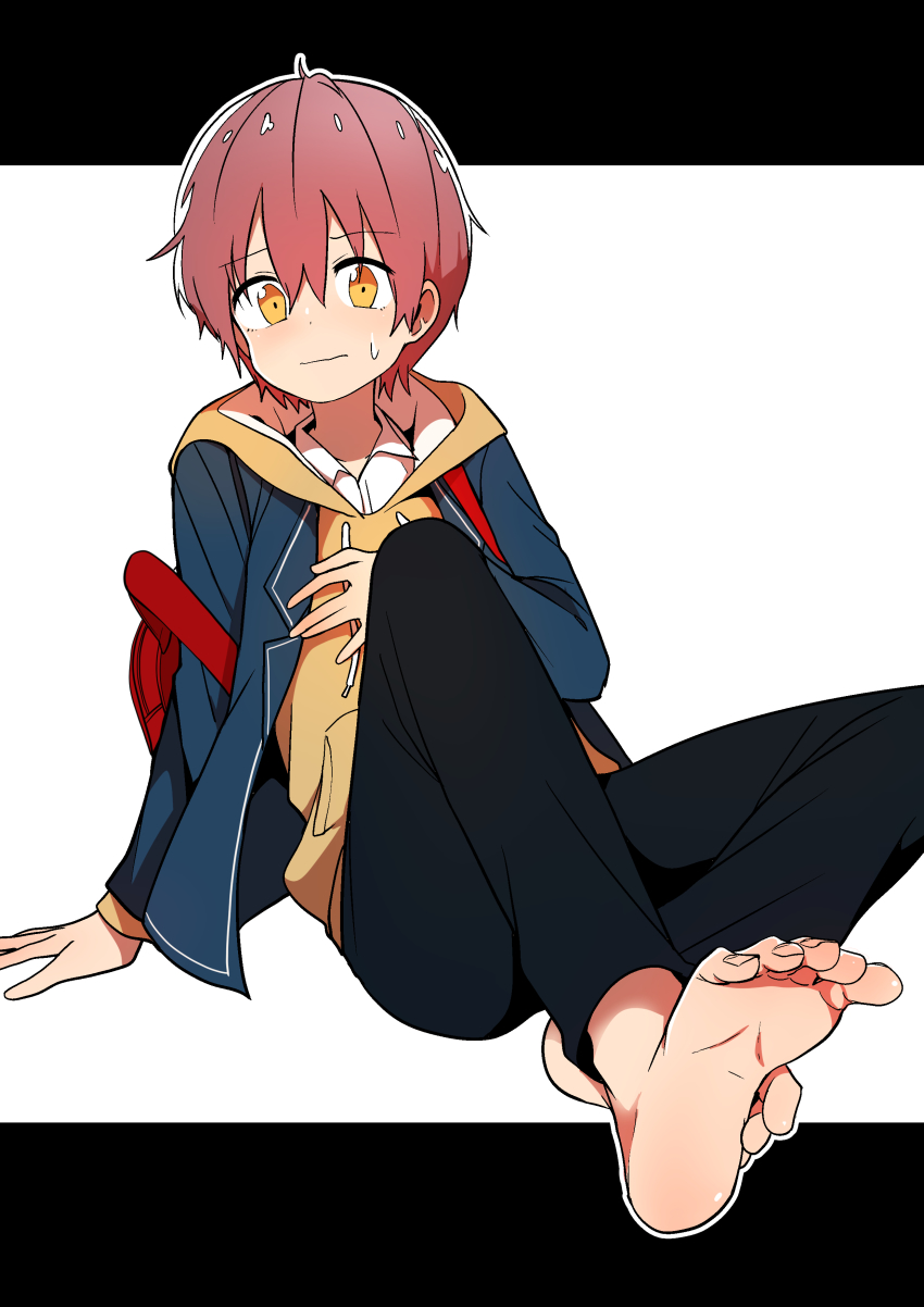 1boy, absurdres, backpack, bag, blazer, blush, bural_chingu, feet, foot_focus, full_body, han_yul, highres, hood, hoodie, jacket, looking_at_viewer, luke_(dydansgur), male_focus, original, red_hair, school_uniform, sitting, soles, solo, sweatdrop, toes, yellow_eyes